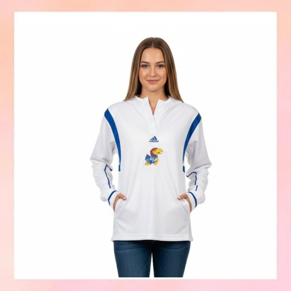 NWT Adidas Kansas Jayhawks KU Hooded Pullover - White/Blue - Size M